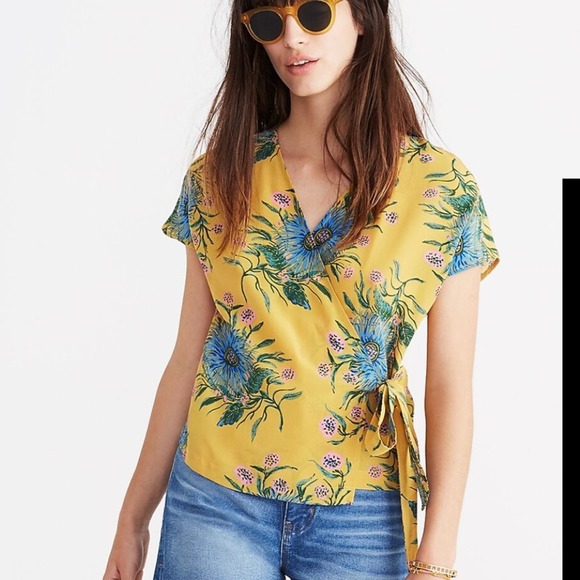 Madewell Tops - Madewell Floral Silk Side-Tie Wrap Top in Painted Blooms Yellow Size Medium